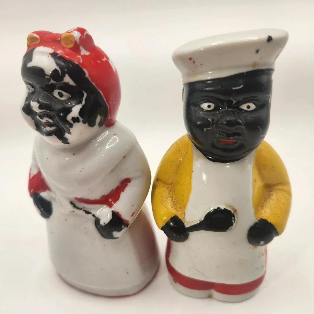 Vintage Black Americana Ceramic Salt and Pepper Shakers Chef and Mammy Set 4in